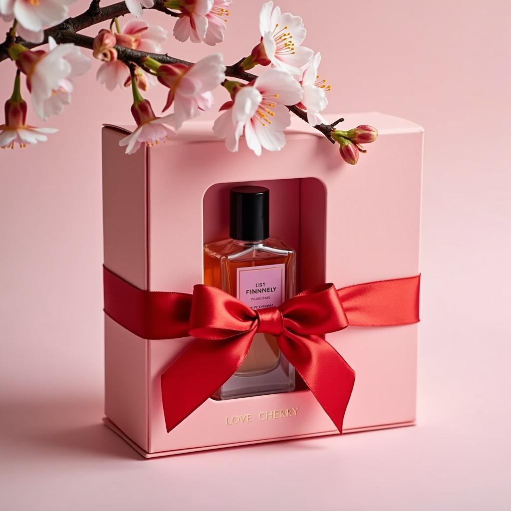 A love cherry perfume gift set, beautifully wrapped and tied with a ribbon.