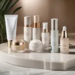 Close-up of several luxurious Korean skincare products displayed on a marble countertop with soft, natural lighting.  Products include a serum, moisturizer, and eye cream in elegant packaging.