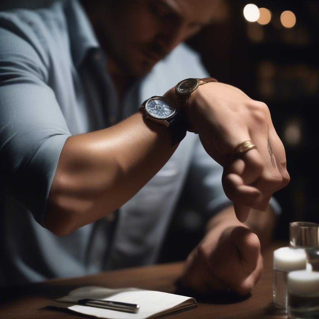 A man applying bourbon amber cologne to his wrist, dressed in a sophisticated, casual outfit.