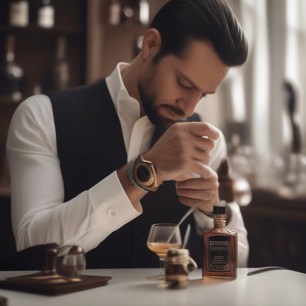 Man Applying Whiskey and Tobacco Cologne