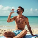 Man Drinking Water on the Beach While Tanning