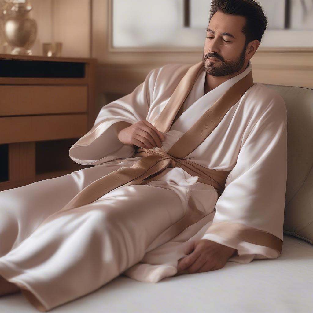 A man wearing a silk robe, relaxing at home.