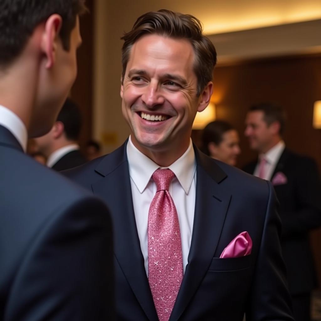 Man wearing a sparkly pink tie at a wedding