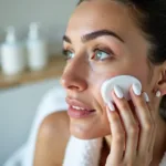 Woman applying moisturizer after cryotherapy facial