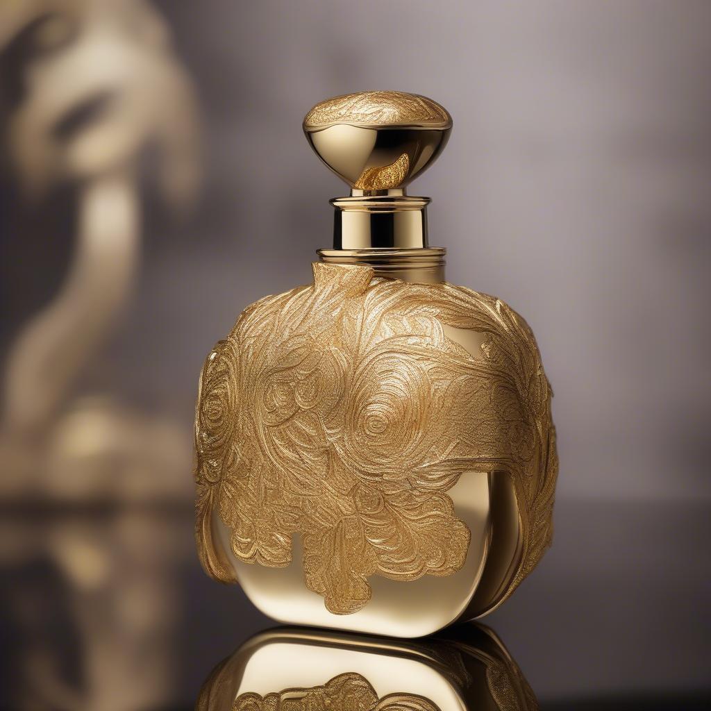 Close-up of a Memories Gold perfume bottle, showcasing its elegant design and golden hue