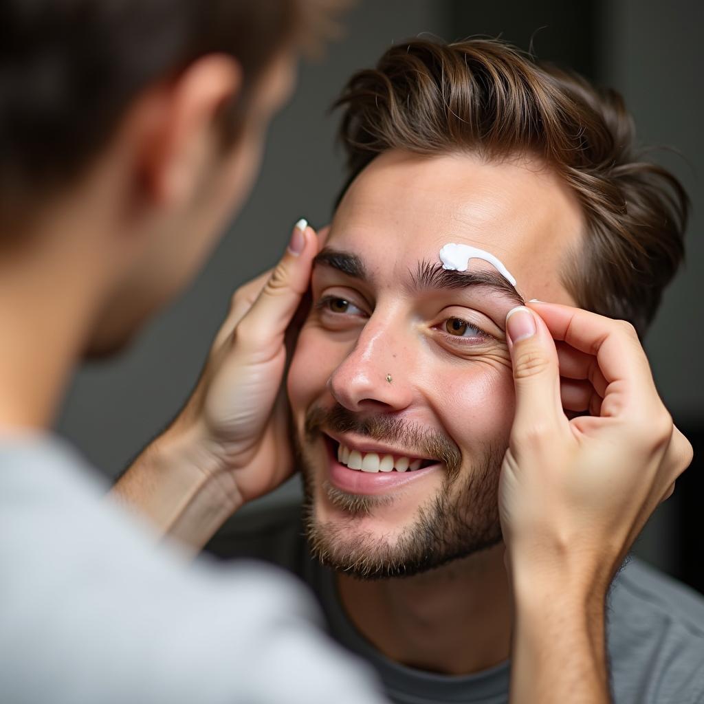 Man applying aftercare cream to his eyebrows after threading