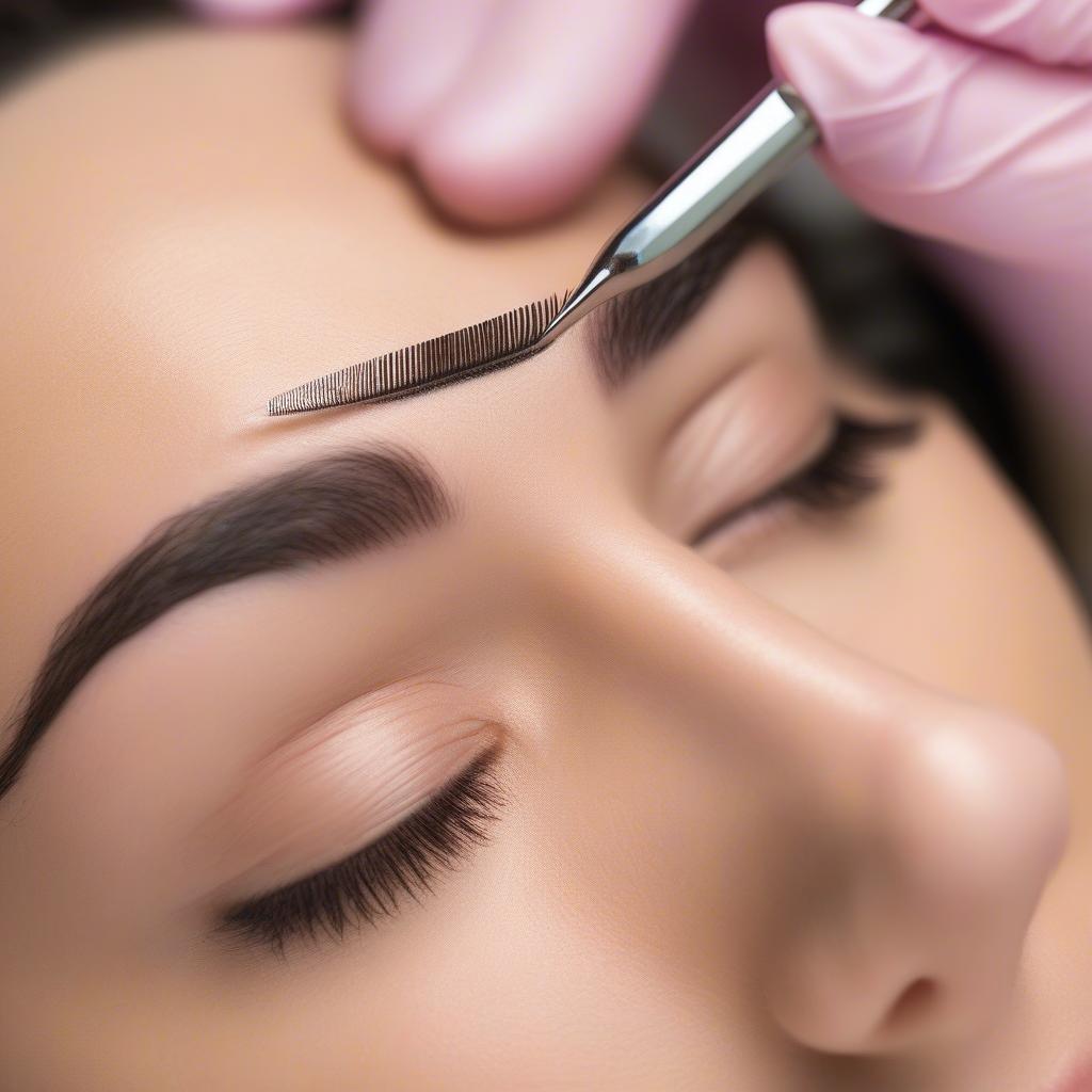 Close-up of microblading procedure