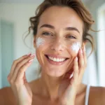 Woman applying mineral sunscreen gel