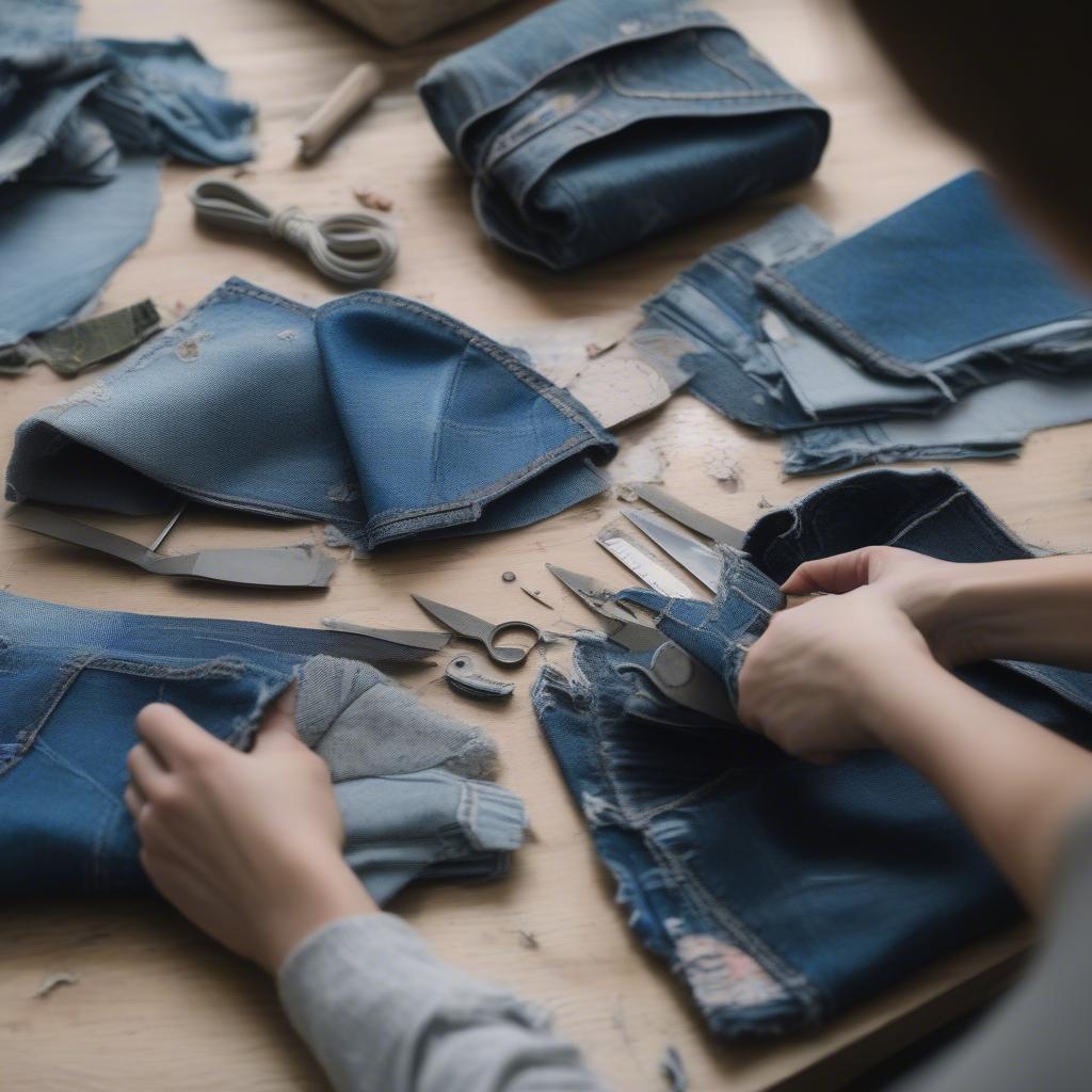 DIY projects using old, muddy jeans: A close-up of hands cutting fabric and sewing a patchwork bag made from repurposed denim.