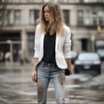 Muddy jeans street style inspiration: A woman confidently rocks a pair of mud-splattered jeans with a chic blazer and ankle boots.