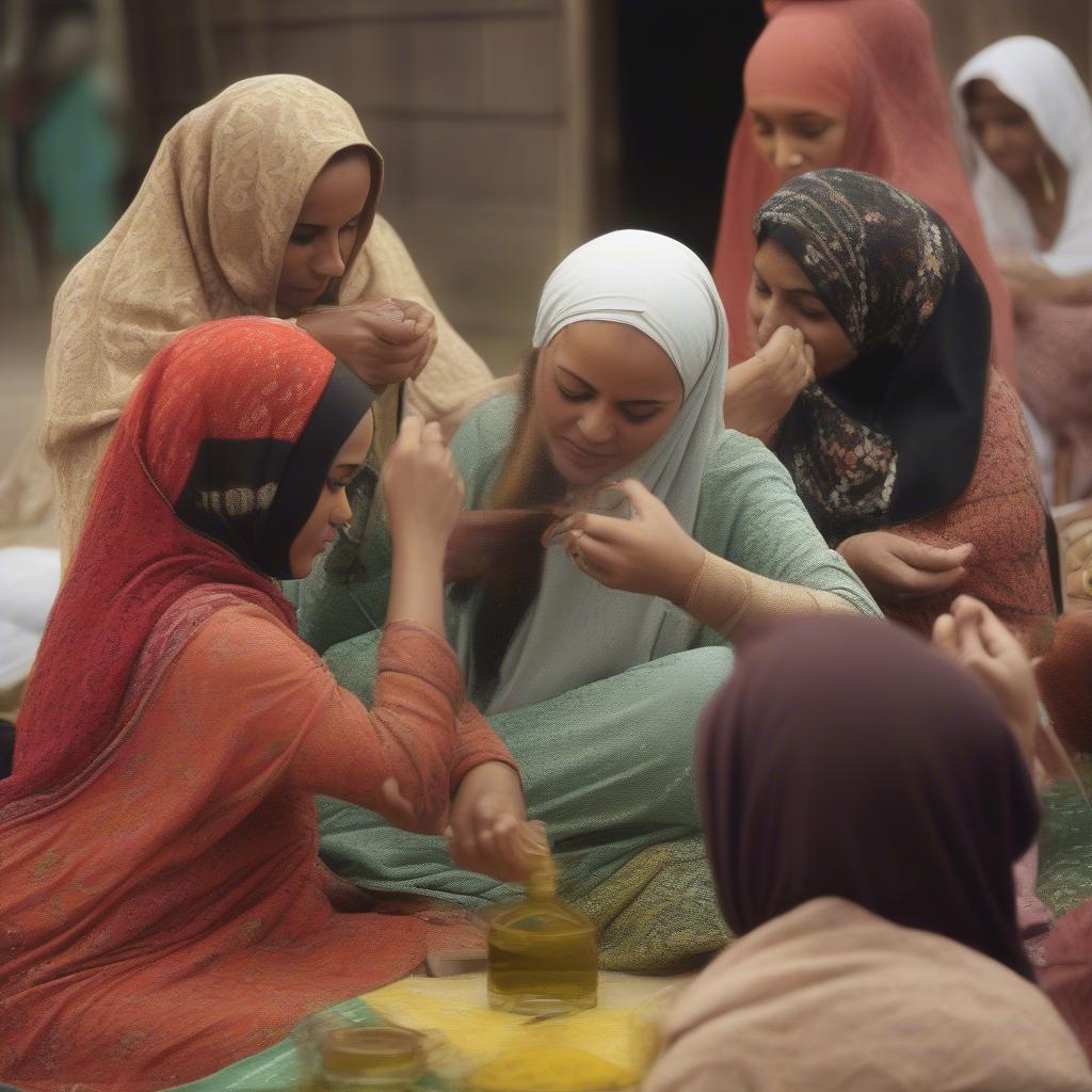 Muslim women applying traditional hair oil