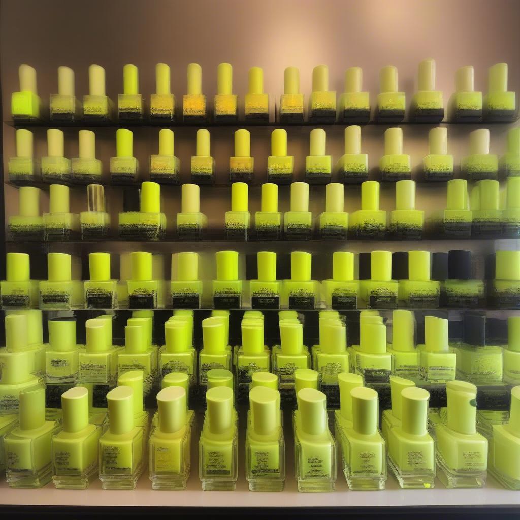 Different shades of neon yellow nail polish in bottles.