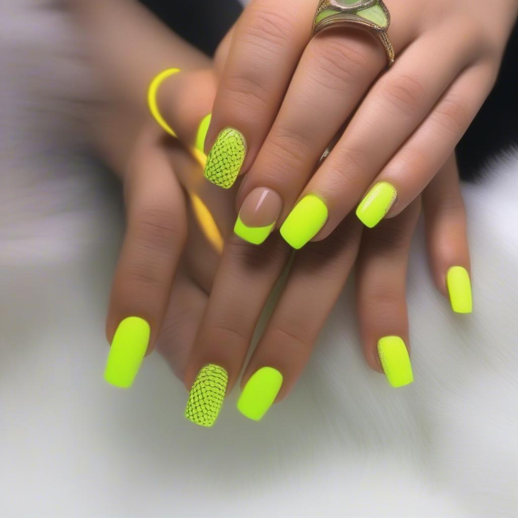 Neon yellow nails in various designs, from simple block color to intricate nail art.