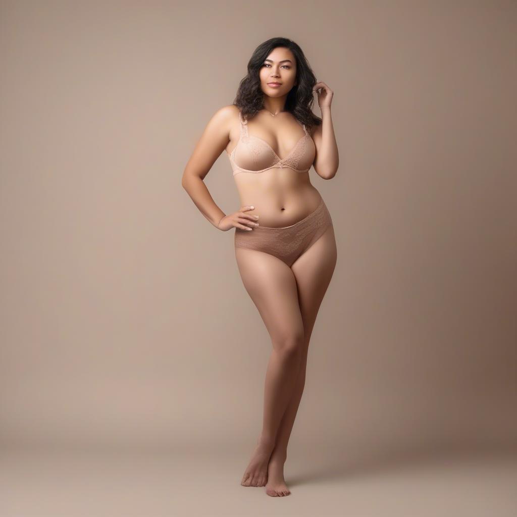 A woman confidently posing in nude lingerie.