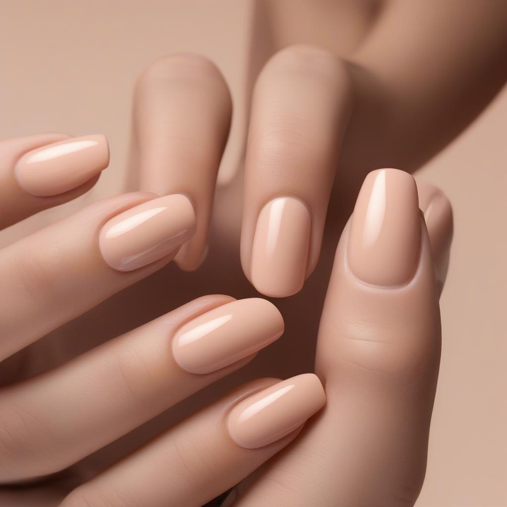 Nude peach nail polish applied on both short and long nails, showcasing its adaptability.