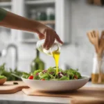 A person using an olive oil glass spray bottle to coat a salad.