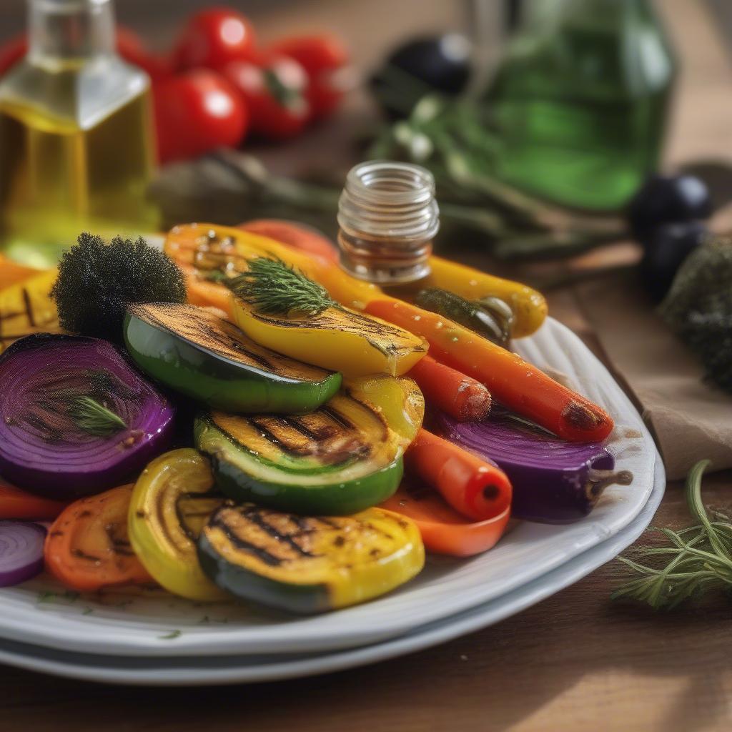 Grilled vegetables seasoned with olive oil from a glass spray bottle.