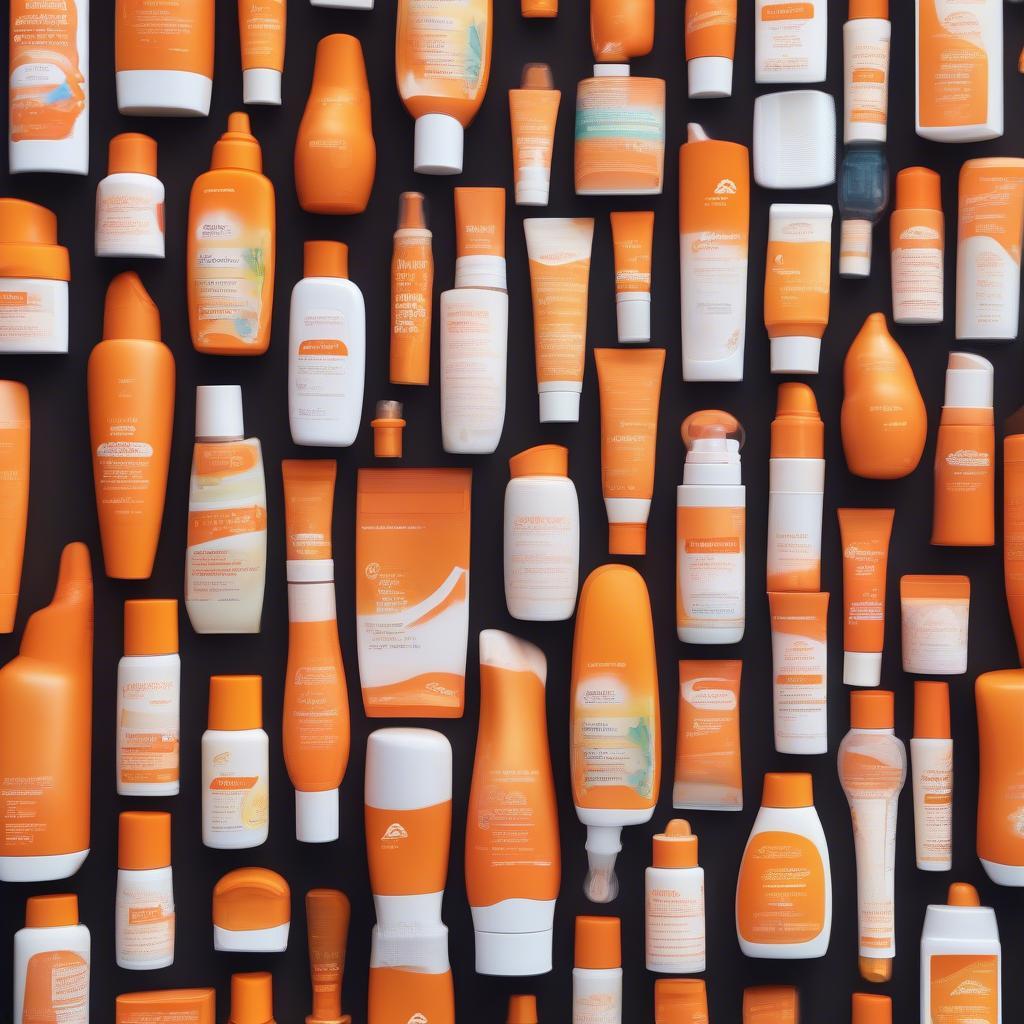 Various sunscreen bottles with orange caps