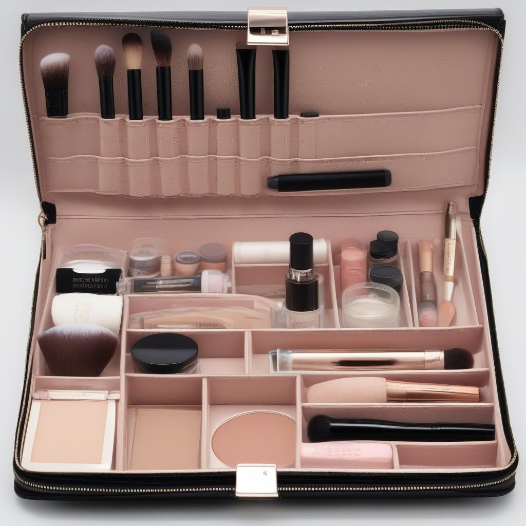 An Organized Makeup Clutch with Compartments and Various Makeup Products