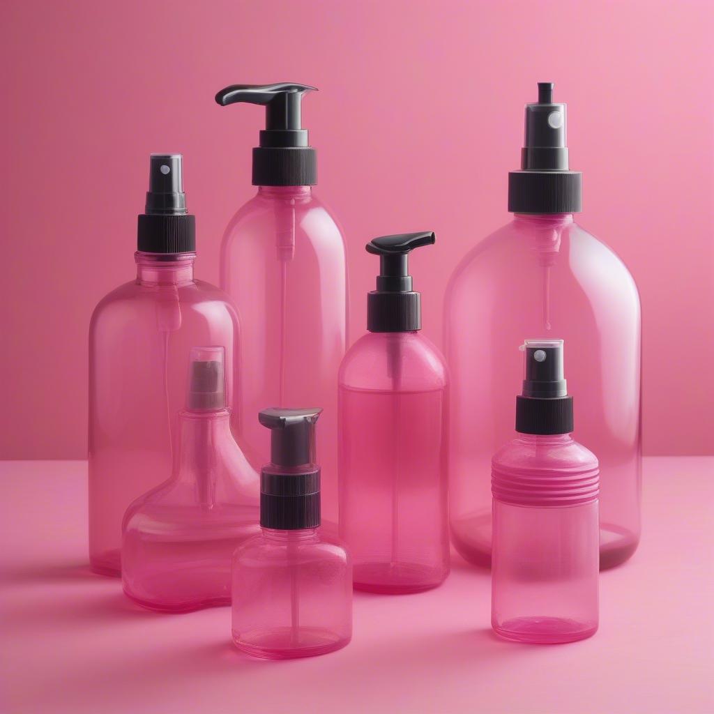 Pink glass spray bottles in various sizes and styles