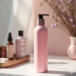 Pink hair oil bottle sitting on a vanity with other beauty products.