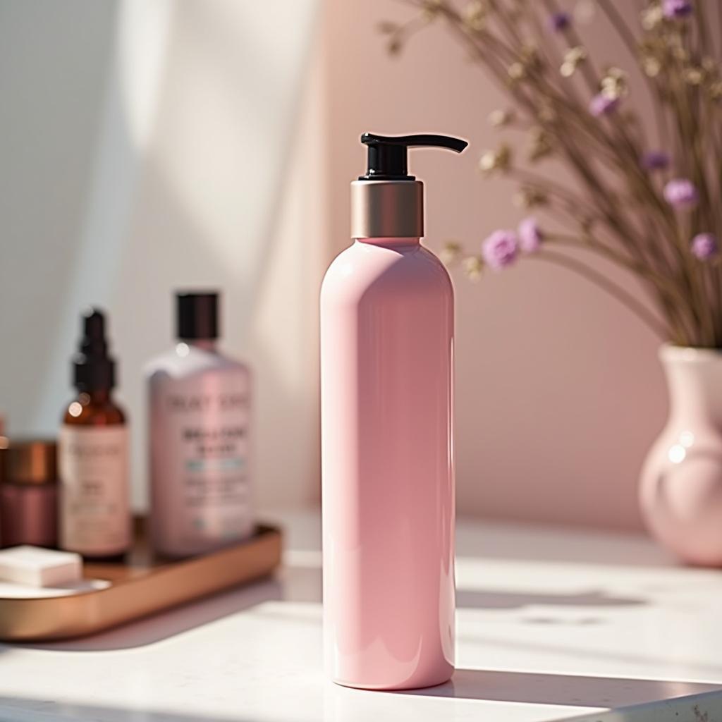 Pink hair oil bottle sitting on a vanity with other beauty products.