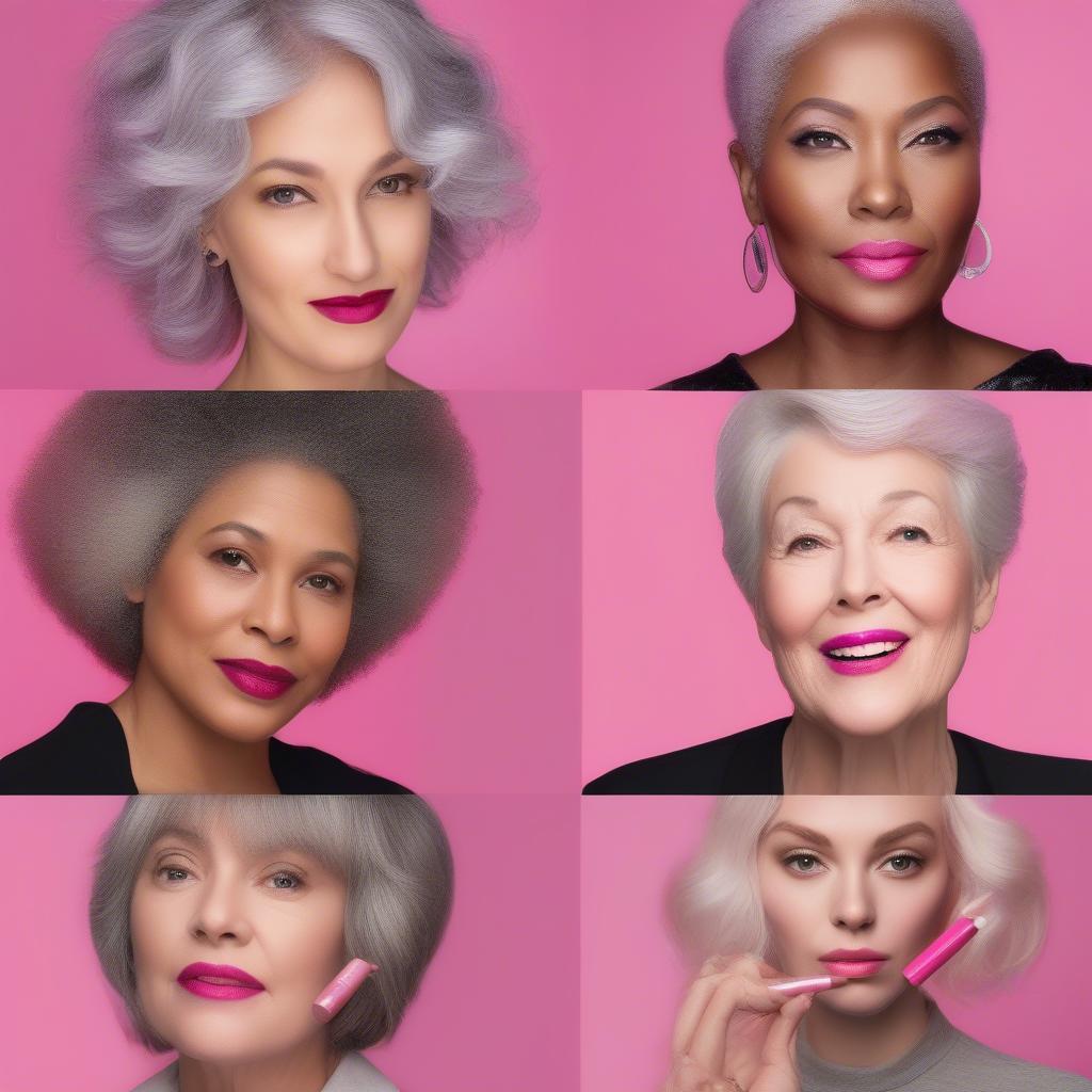 Examples of pink lipstick shades on women with gray hair