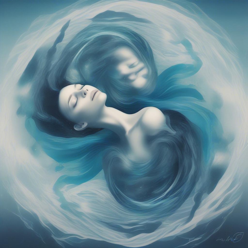 Pisces Gemini Moon Emotions: A swirling image depicting a blend of water and air, symbolizing the emotional depth of Pisces and the intellectual airiness of Gemini. The colors are soft blues and greens, blending into lighter, airy yellows and whites.