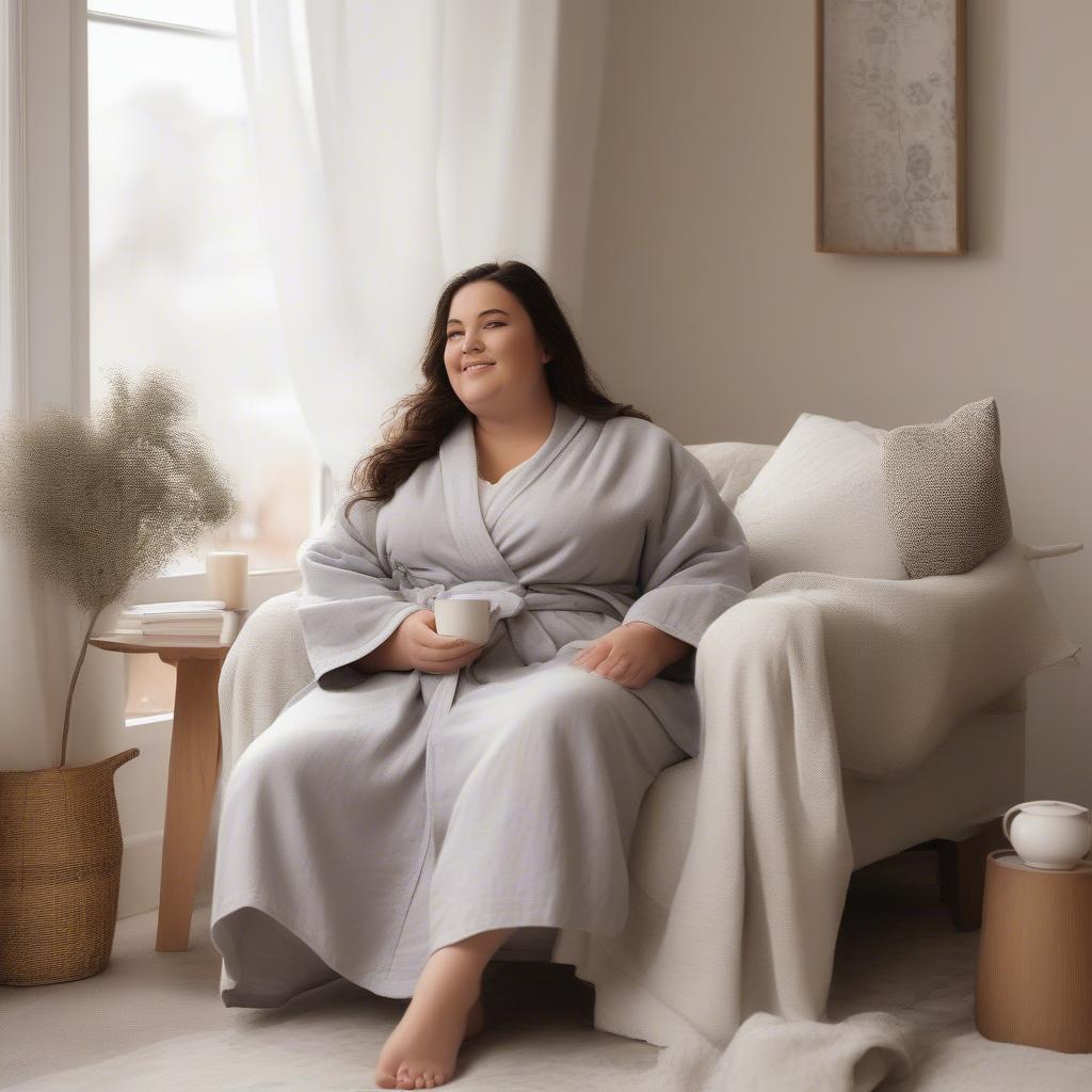 Plus Size Woman Relaxing in a Linen Robe