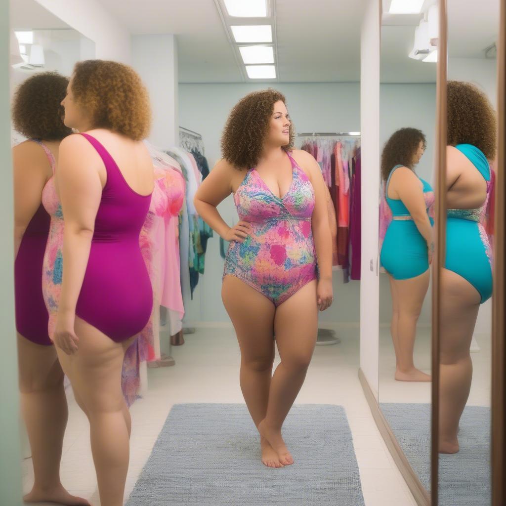 Plus-size woman trying on different styles of bathing suits in a fitting room.