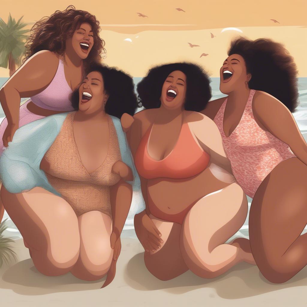 Group of plus-size women laughing and enjoying themselves at the beach.