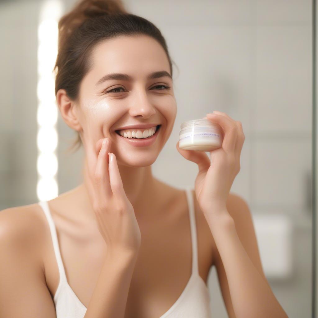 Woman applying moisturizer after a facial for sensitive skin