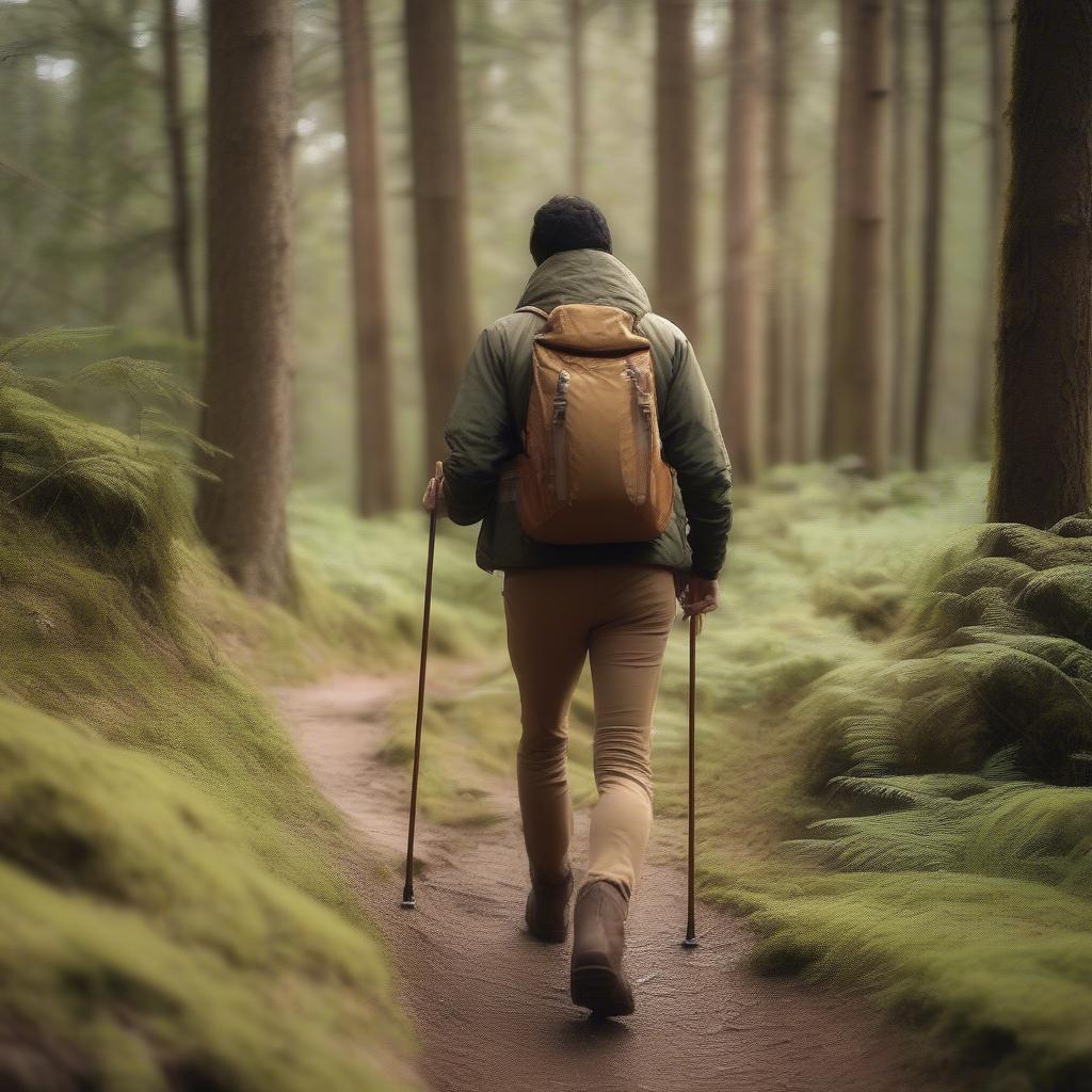 Practical Hiking Into the Woods Outfit: A hiker wearing durable clothing and carrying a backpack, trekking through a forest.