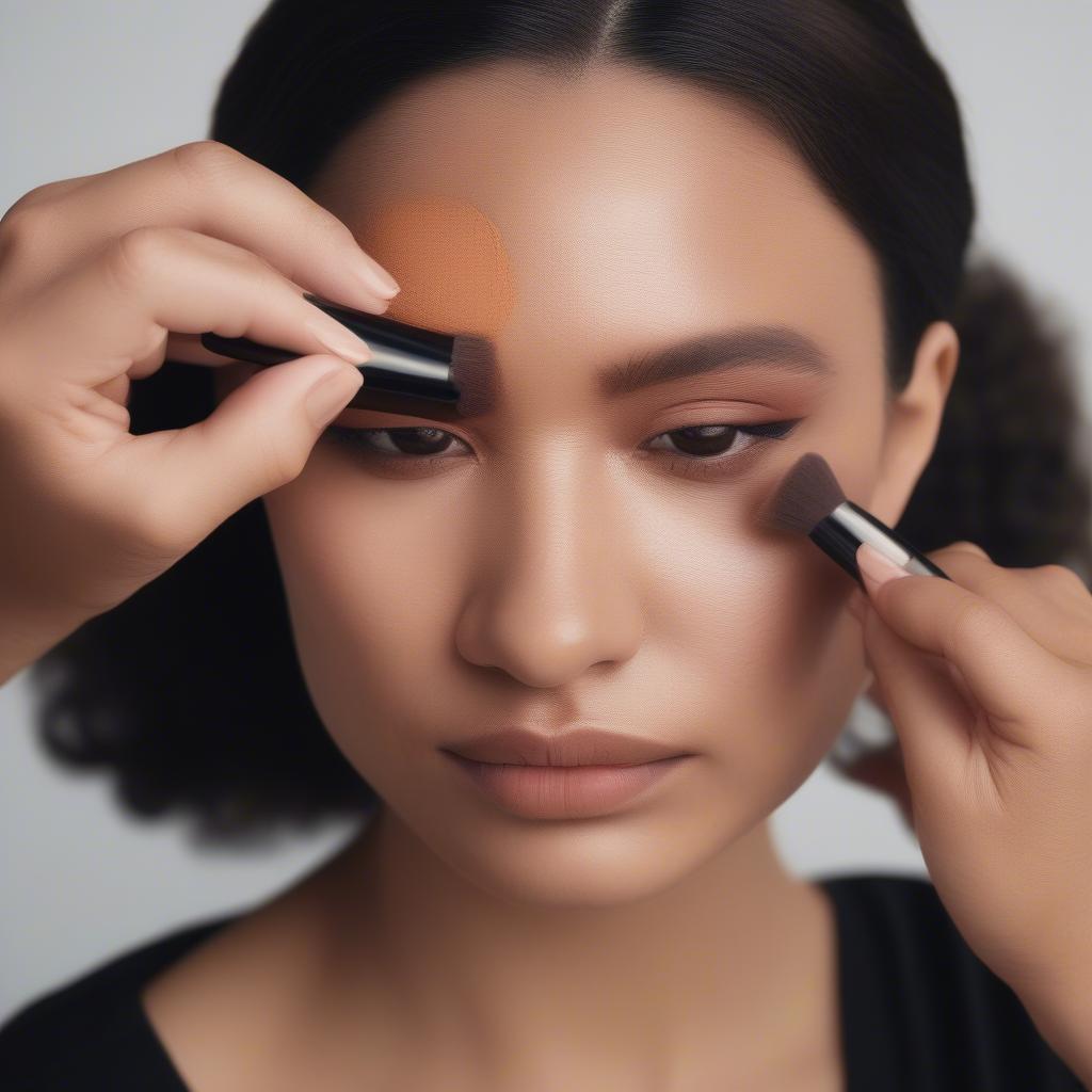 A professional makeup artist applying foundation on a model.