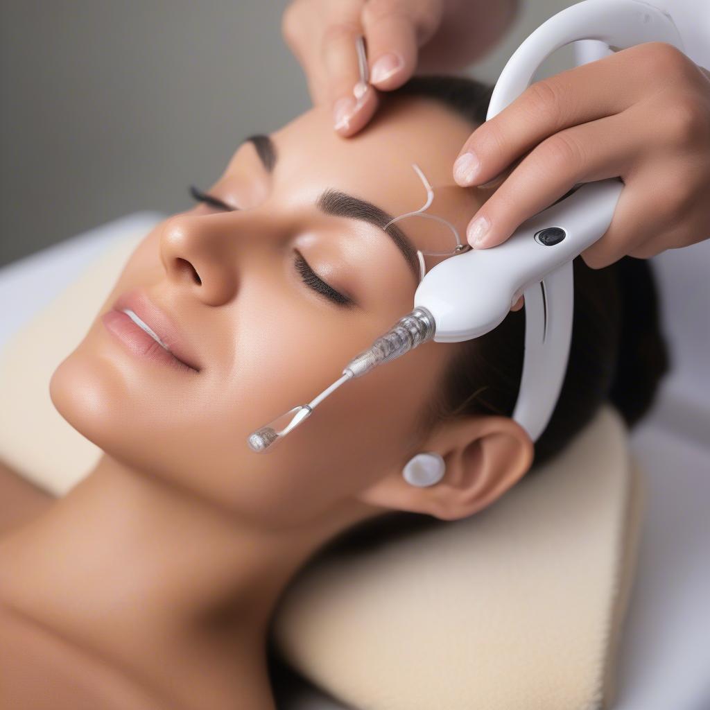 Esthetician using a professional microcurrent machine on a client's face during a treatment session.