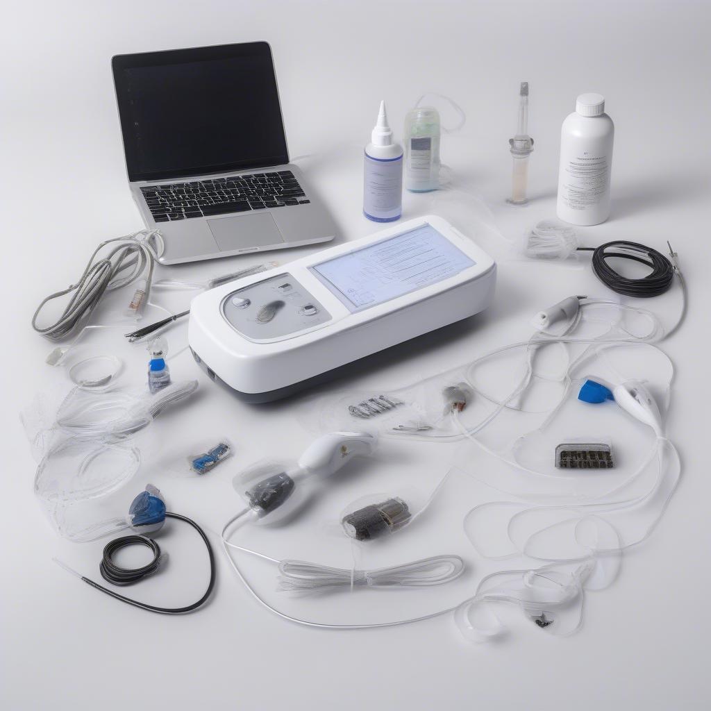 A professional microcurrent machine displayed with its accompanying accessories, including probes, conductive gel, and user manual.