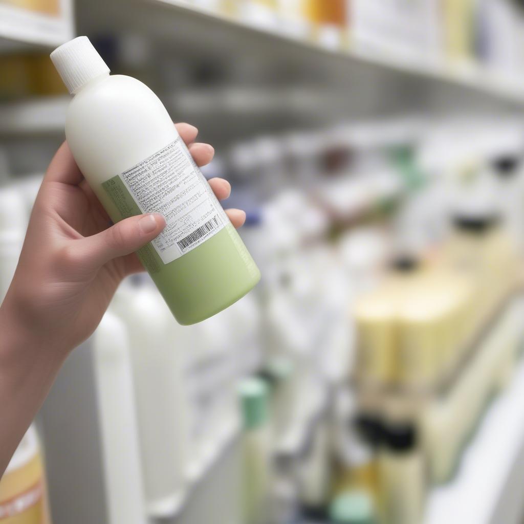 Person carefully examining the ingredients list on a bottle of conditioner