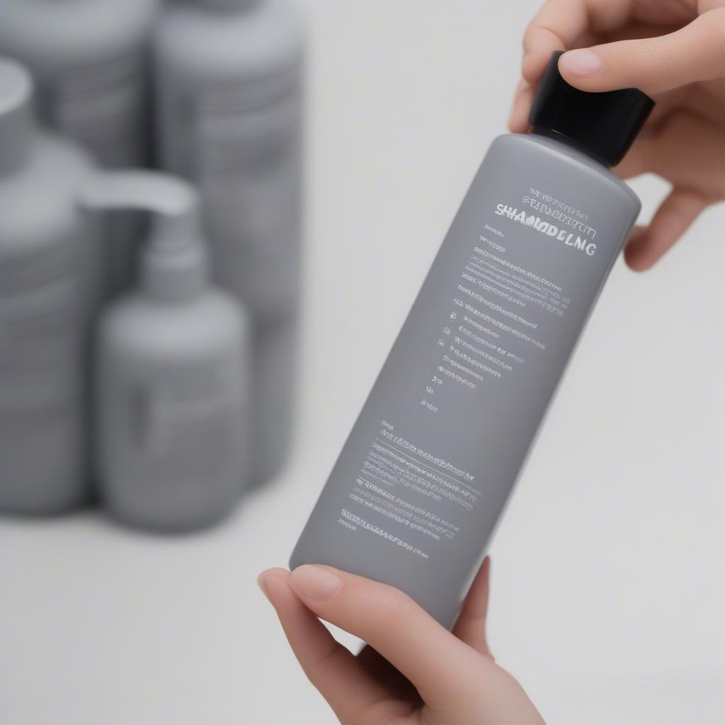 Close-up of a hand reading the ingredient list on a grey bottle shampoo