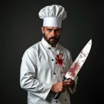 A person in a chef's uniform stares intensely at the camera, holding a large, slightly blood-splattered knife.