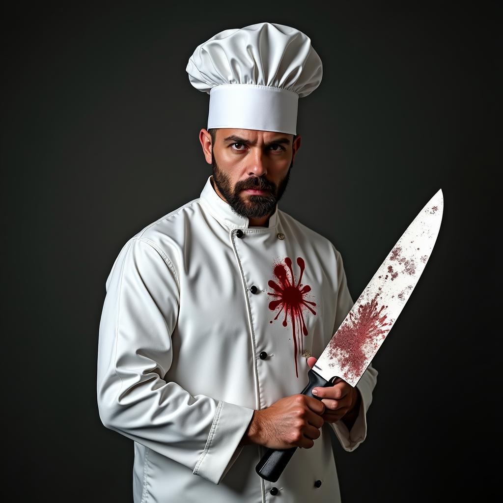 A person in a chef's uniform stares intensely at the camera, holding a large, slightly blood-splattered knife.