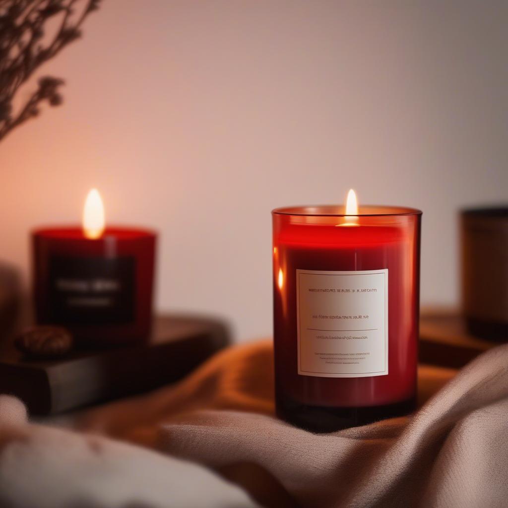 Red amber and cedar candle burning in a cozy setting