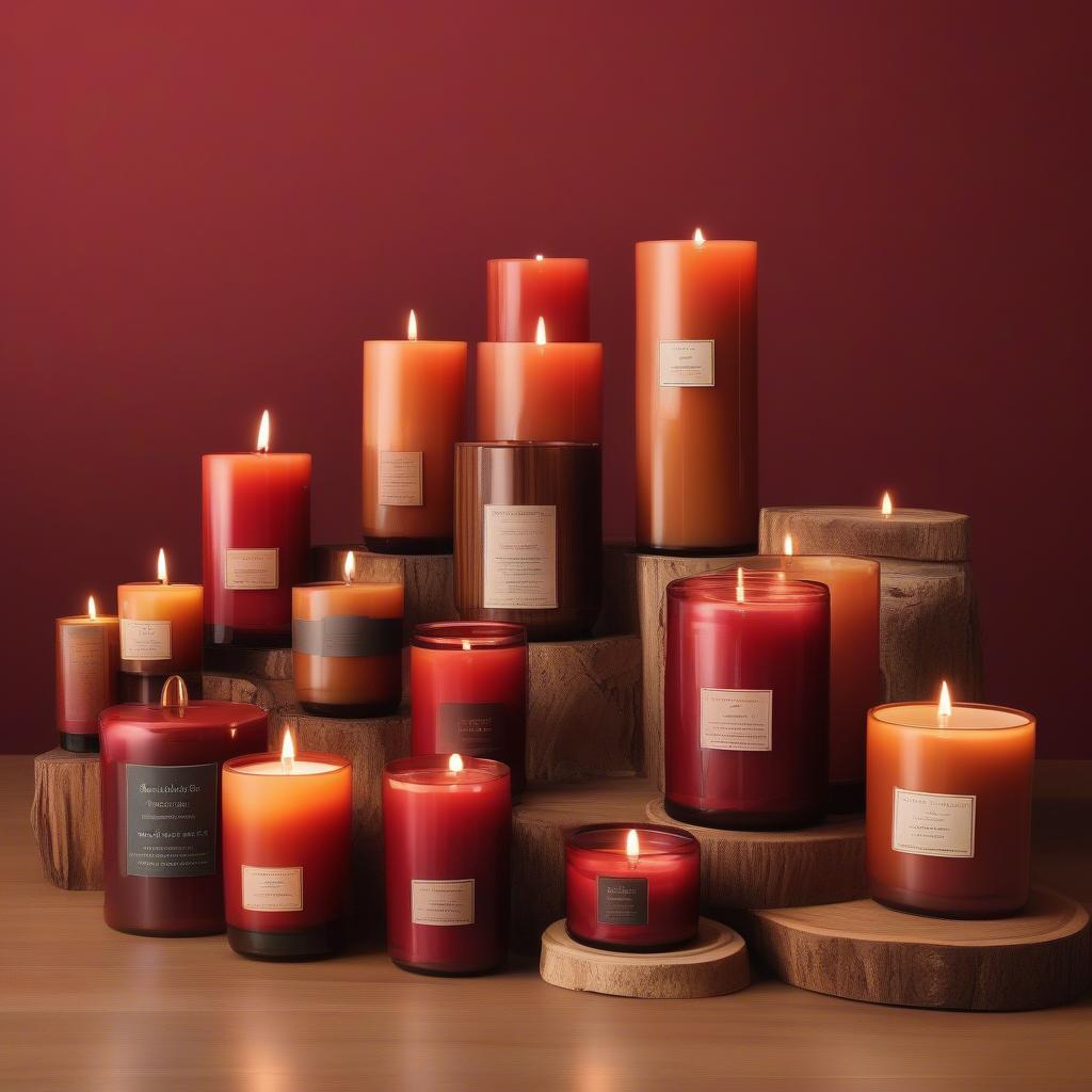 Red amber and cedar candles in different sizes and jars