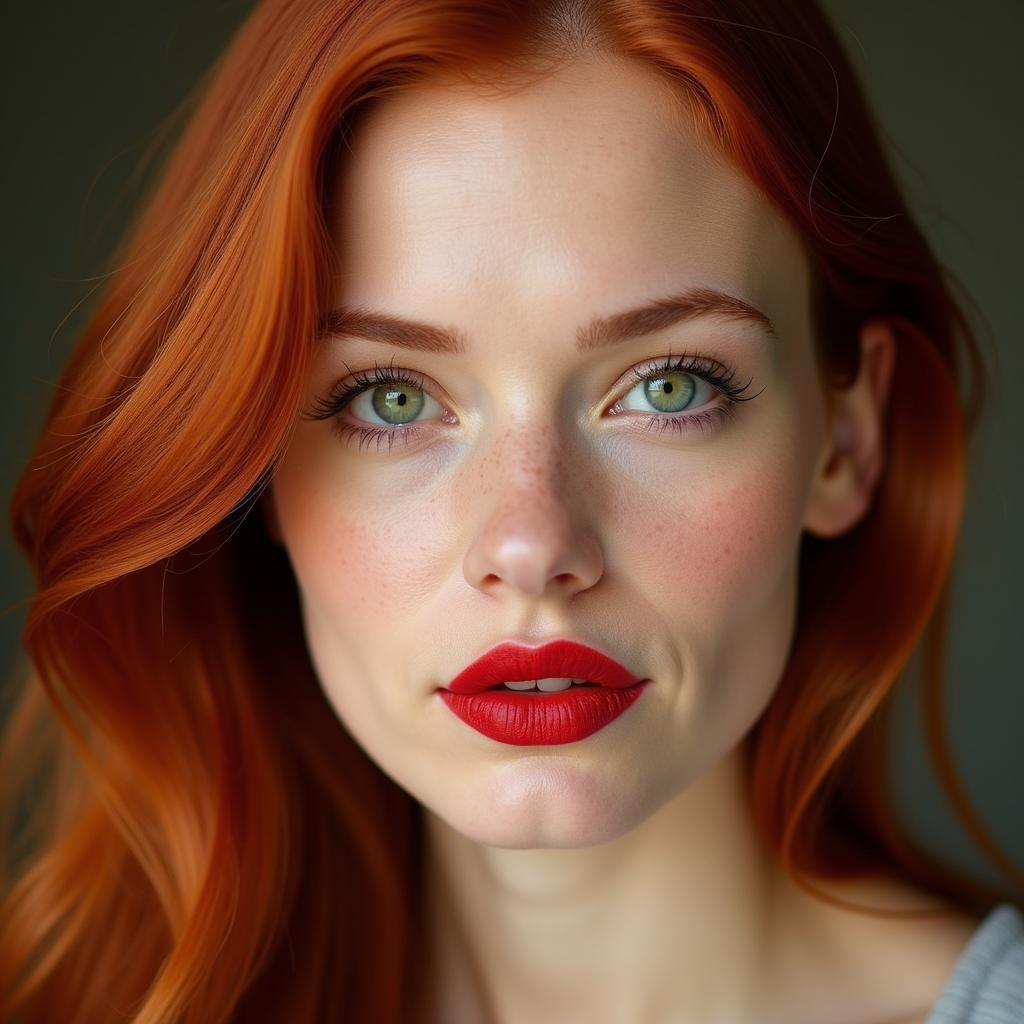 Portrait of a woman with vibrant red hair and perfectly applied red lipstick