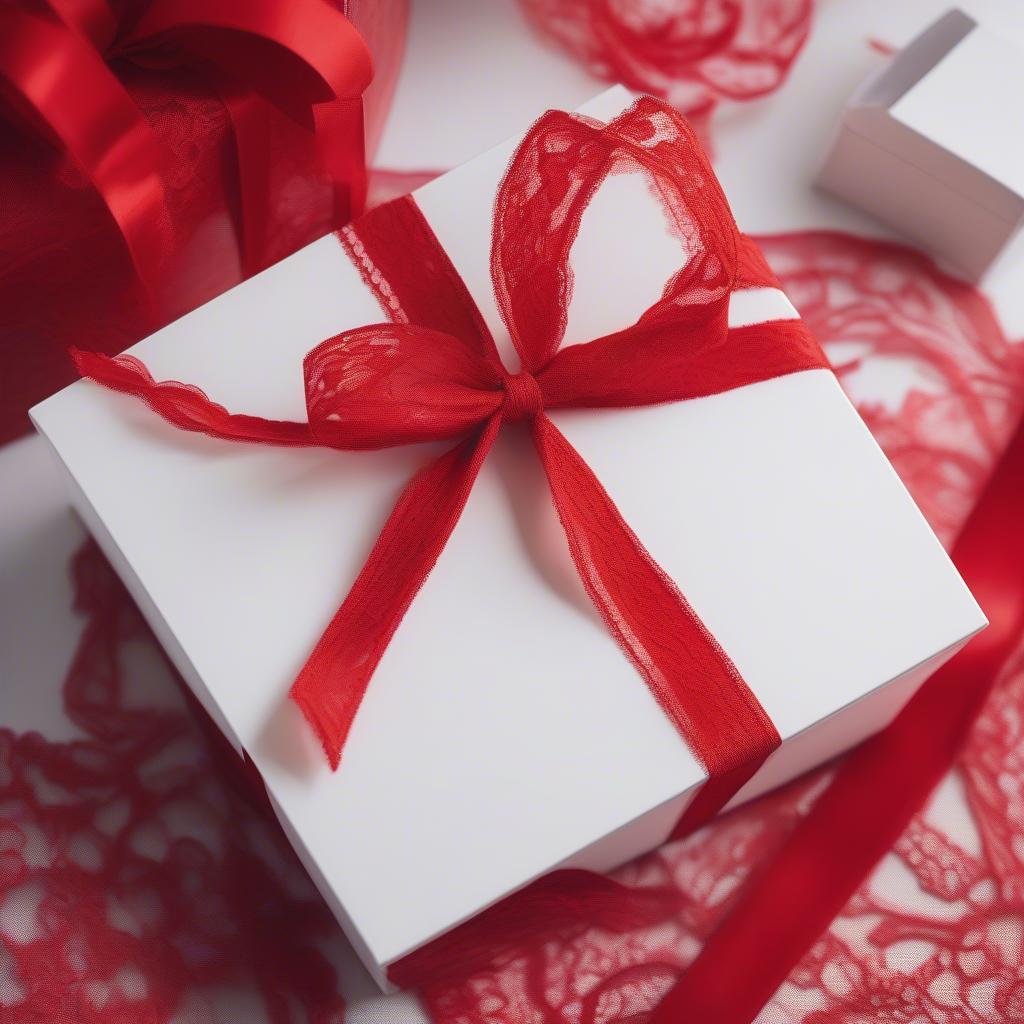 Red lace bow tied on a white gift box