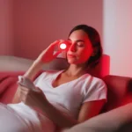 Woman Using Red Light Therapy Device at Home