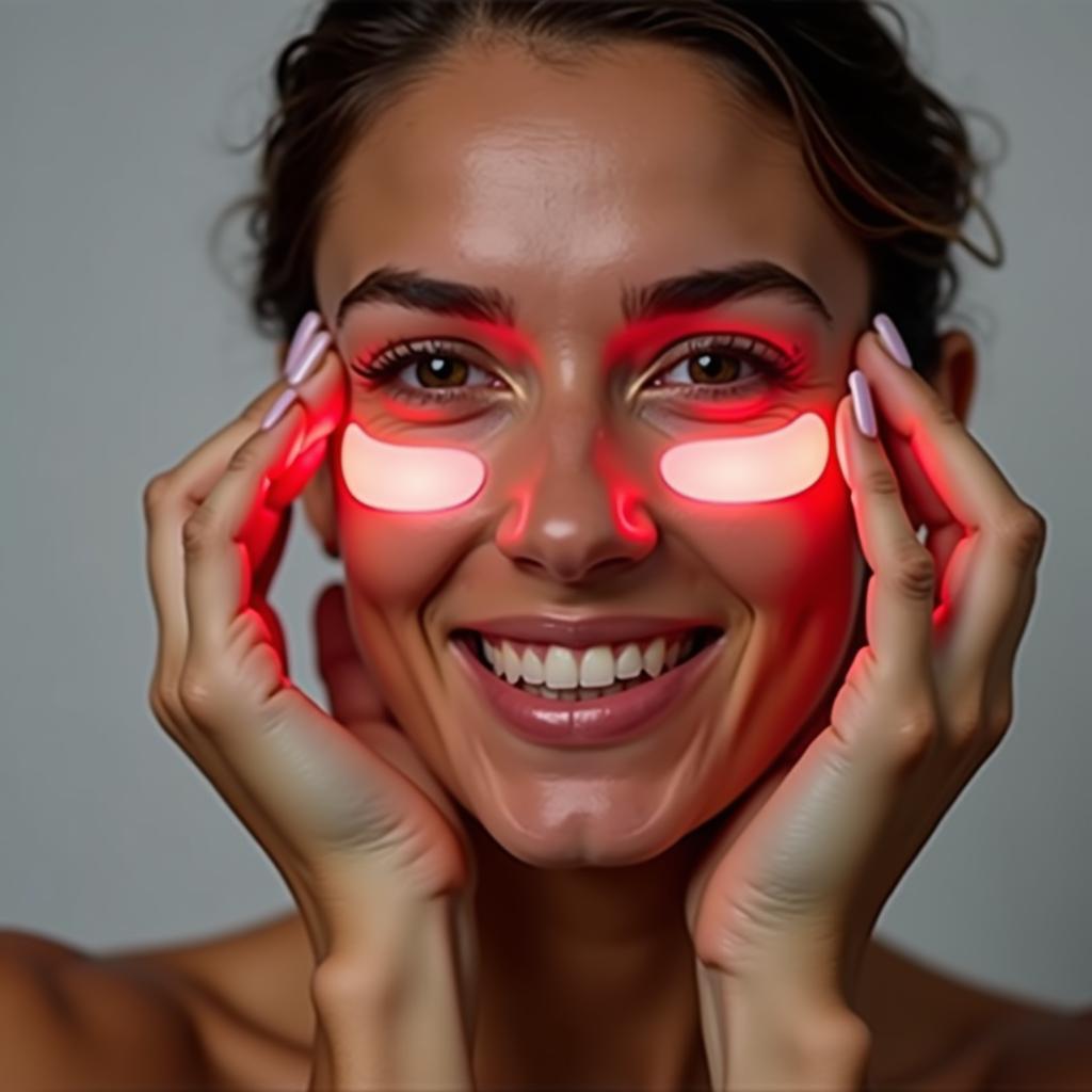 Woman Applying Red Light Under Eye Patches