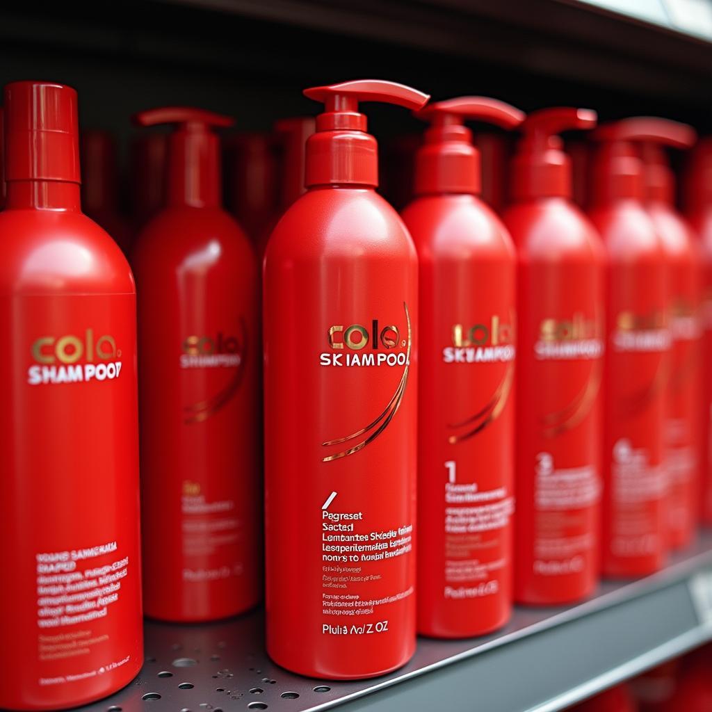 Bottles of red tinted shampoo on a shelf