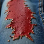 Close-up of Red Wax Coating on Denim Jeans