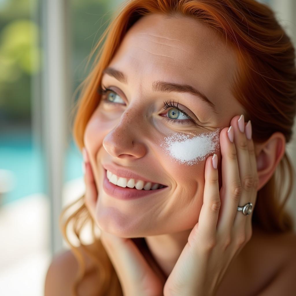 Redhead applying sunscreen