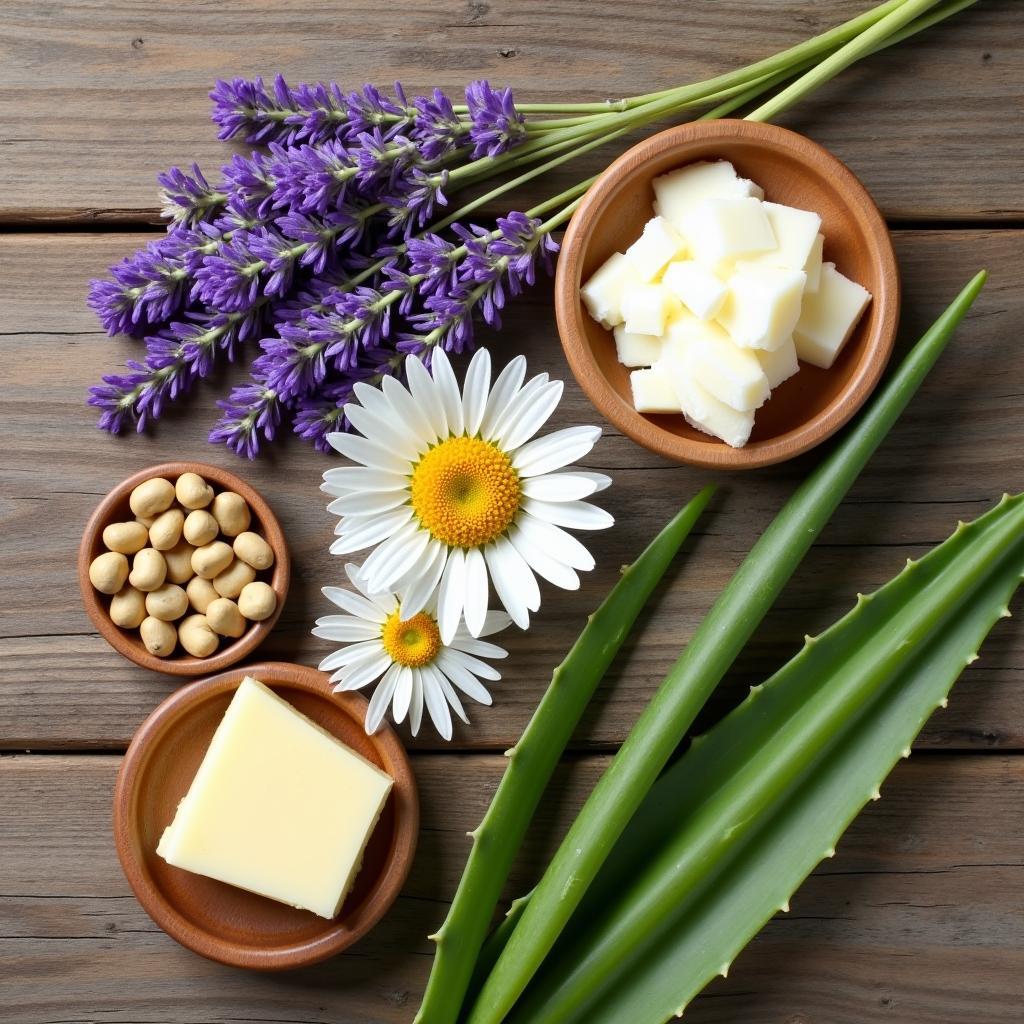 Various natural ingredients used in relaxing lotions.